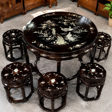 Solid Red Sandalwood (Hongmu) Plum Blossom Table with 6 Stools