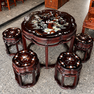 Solid Red Sandalwood (Hongmu) Plum Blossom Table with 6 Stools