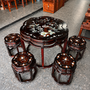 Solid Red Sandalwood (Hongmu) Plum Blossom Table with 6 Stools