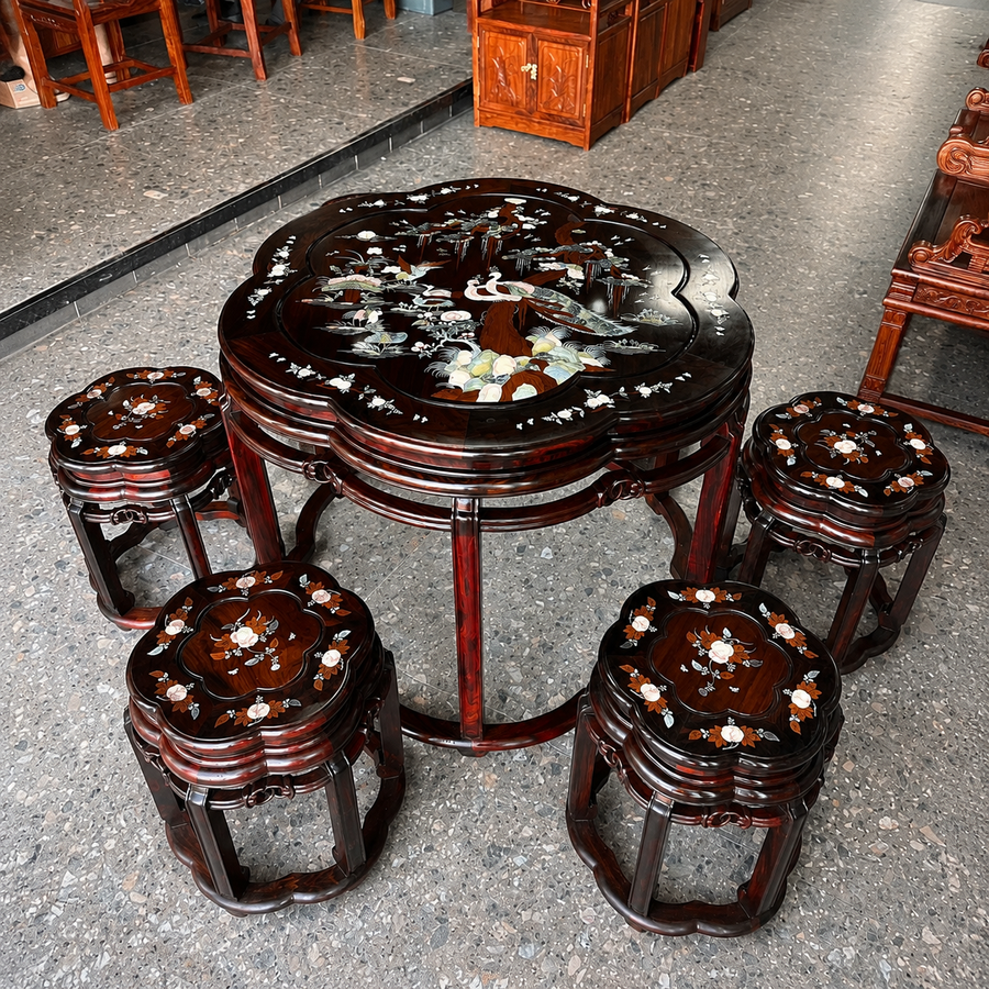 Solid Red Sandalwood (Hongmu) Plum Blossom Table with 6 Stools