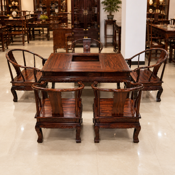 Wide-Leaf Padauk Golden Lion Tea Table with 5 Chairs