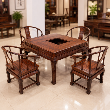 Wide-Leaf Padauk Golden Lion Tea Table with 5 Chairs