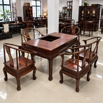 Wide-Leaf Padauk Golden Lion Tea Table with 5 Chairs