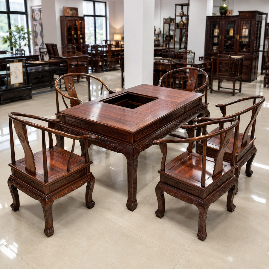 Wide-Leaf Padauk Golden Lion Tea Table with 5 Chairs