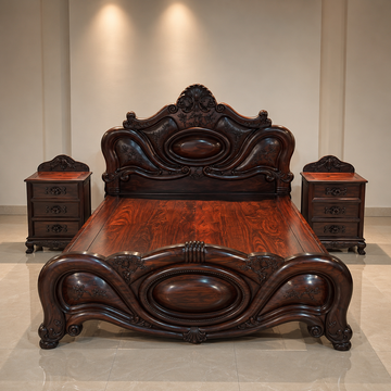 Solid Red Sandalwood (Hongmu) Luxury Carved Bed with Nightstands