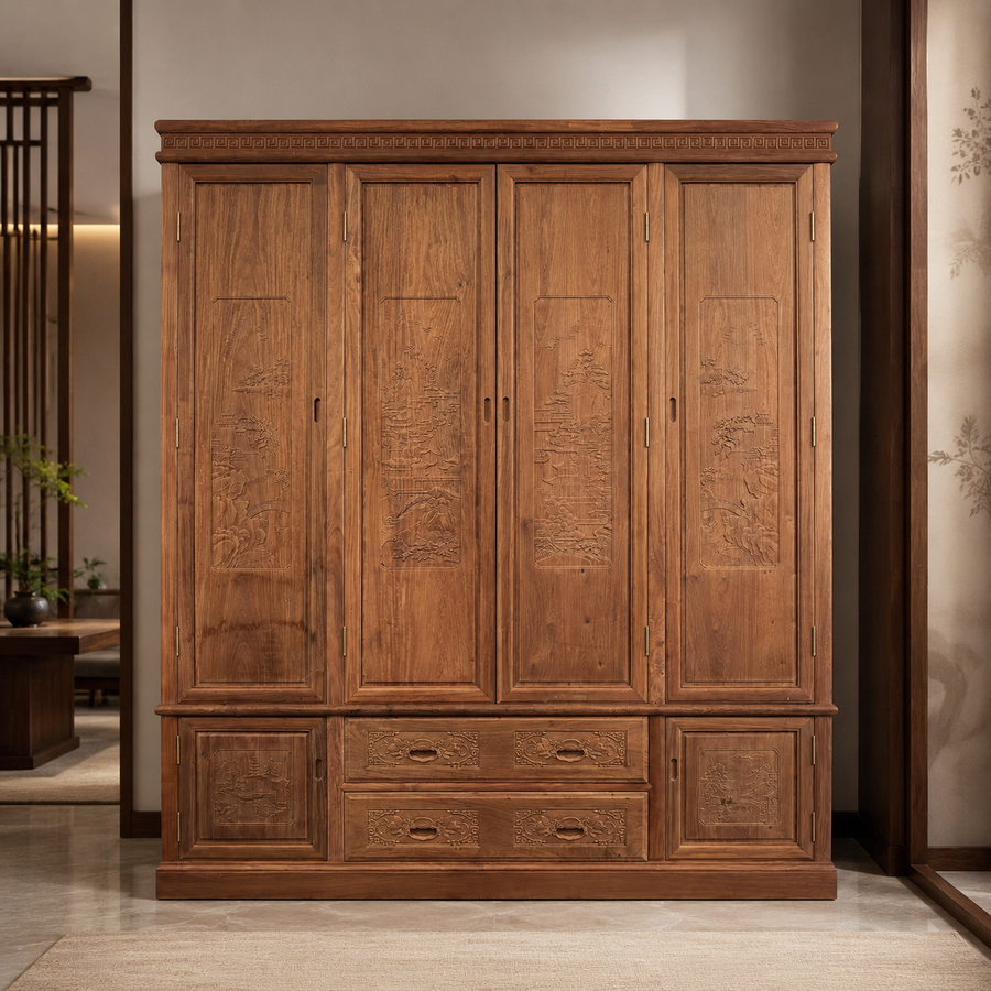 Burmese Padauk 4-Door Wardrobe – Fine Polished, Solid Wood