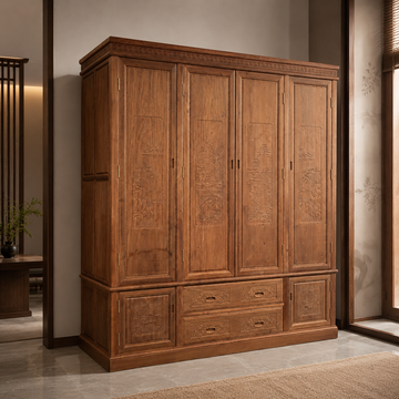 Burmese Padauk 4-Door Wardrobe – Fine Polished, Solid Wood