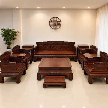 Laos Red Sandalwood (Bois de Rose) Grape Carved Sofa Set – 12 Pieces