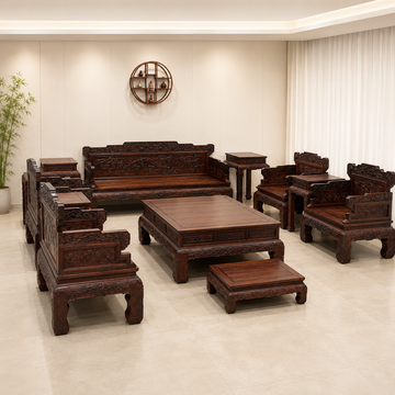 Laos Red Sandalwood (Bois de Rose) Grape Carved Sofa Set – 12 Pieces