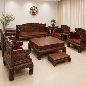 Laos Red Sandalwood (Bois de Rose) Grape Carved Sofa Set – 12 Pieces