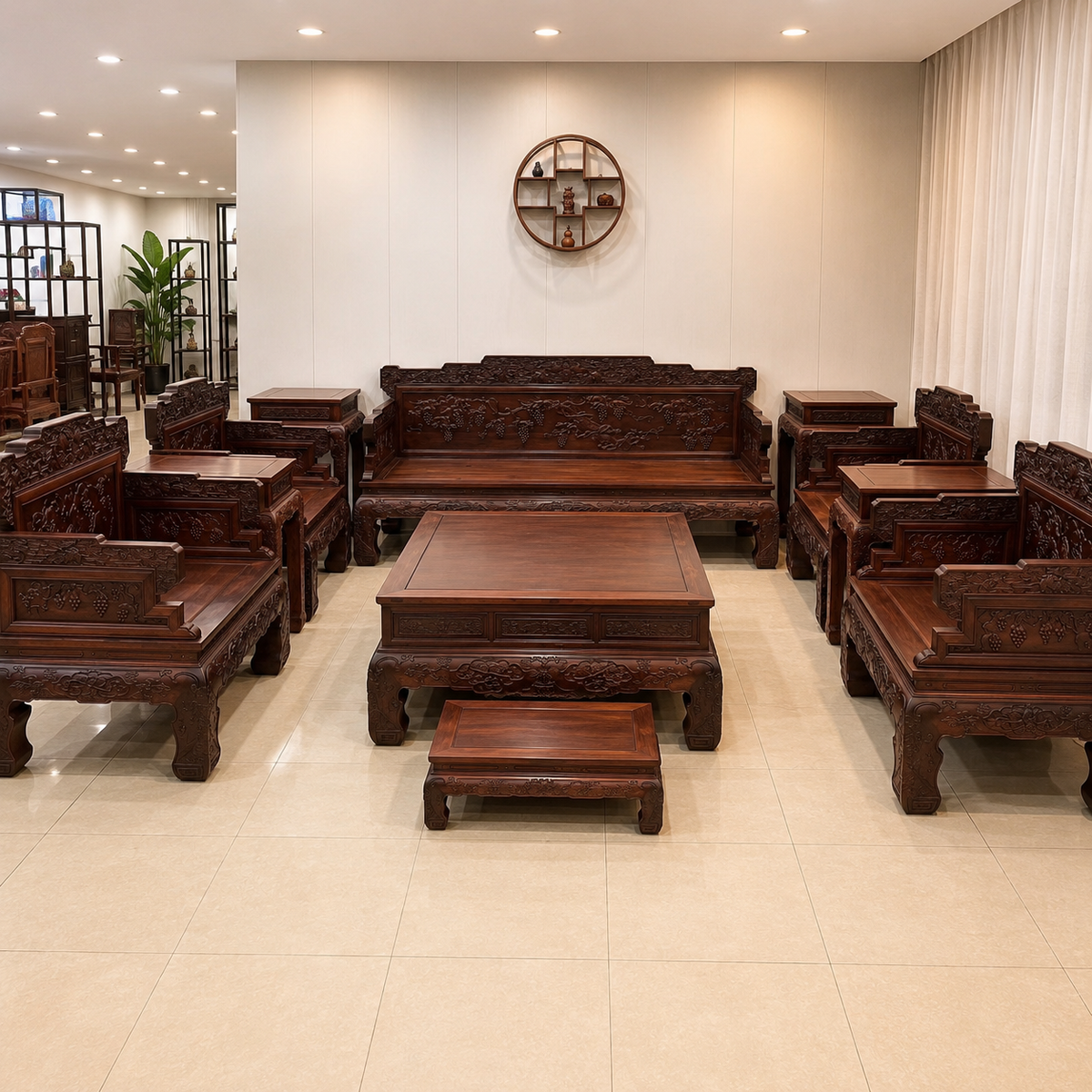 Laos Red Sandalwood (Bois de Rose) Grape Carved Sofa Set – 12 Pieces