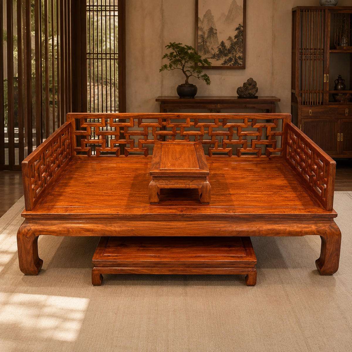 Padauk (Hedgehog Rosewood) Luohan Daybed with Footstool & Kang Table